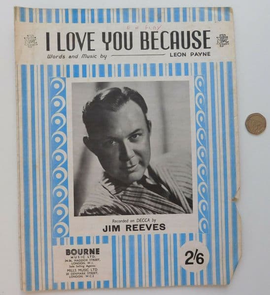 I Love You Because vintage sheet music Jim Reeves 1940s country song Leon Payne